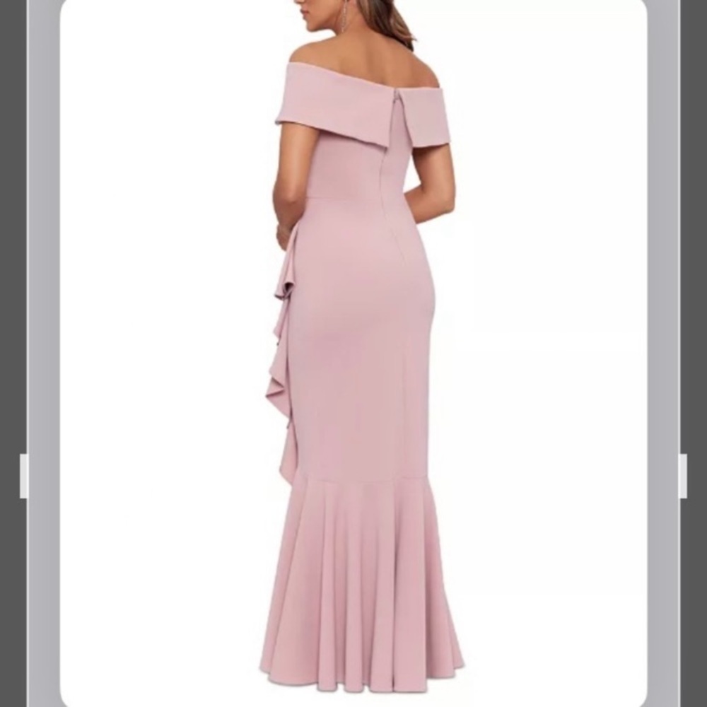 BETSY & ADAM Off-The-Shoulder Cascading Ruffle Mermaid Gown in Rose Size 10 - Picture 2 of 11